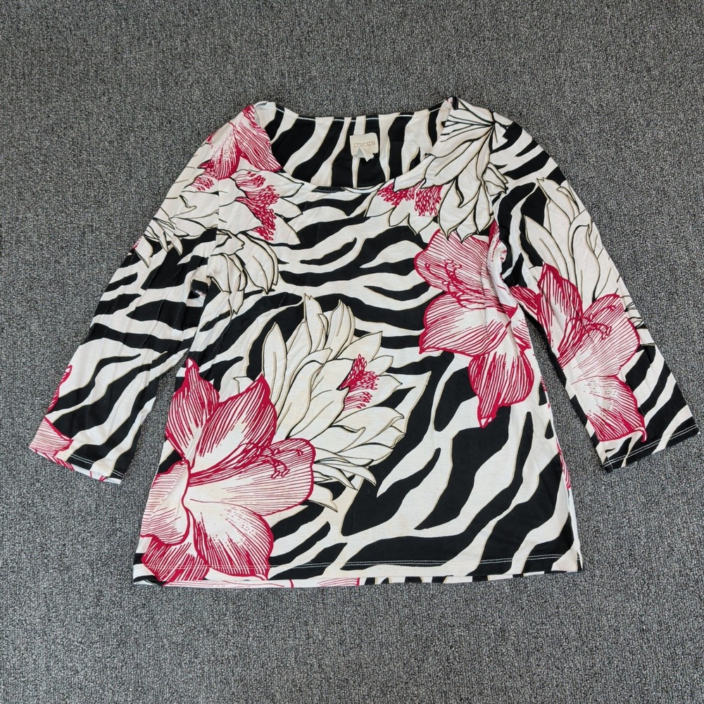 Chicos Modern Floral Zebra Print Top Womens 1 M Black White Red Rayon Spandex